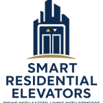 Corporate logo of Smart Residential Elevators showing elevator doors and city skyline in navy blue and gold