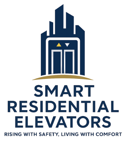 Corporate logo of Smart Residential Elevators showing elevator doors and city skyline in navy blue and gold